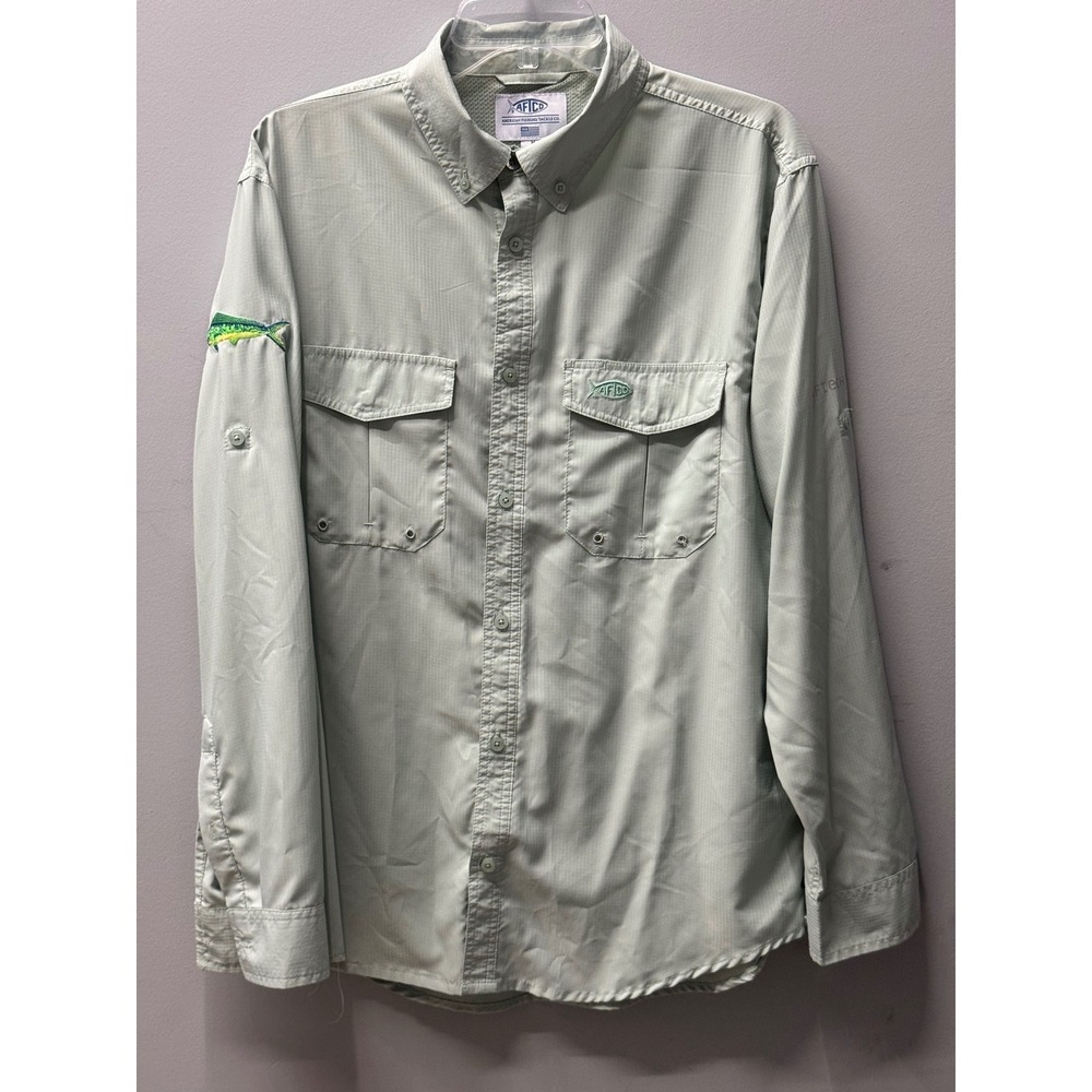 AFTCO Fishing Shirt Mens Medium Green Long Sleeve Mahi Mahi Embroidered AFTECH